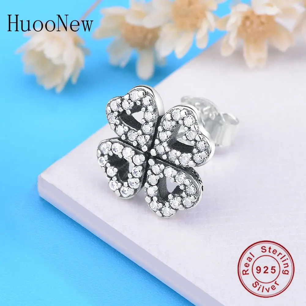 HuooNew 925 Sterling Silver Four-leaf Heart Clover Flower Zirconia Crystal Stone Stud Earrings Women Women's Female Brincos 2018