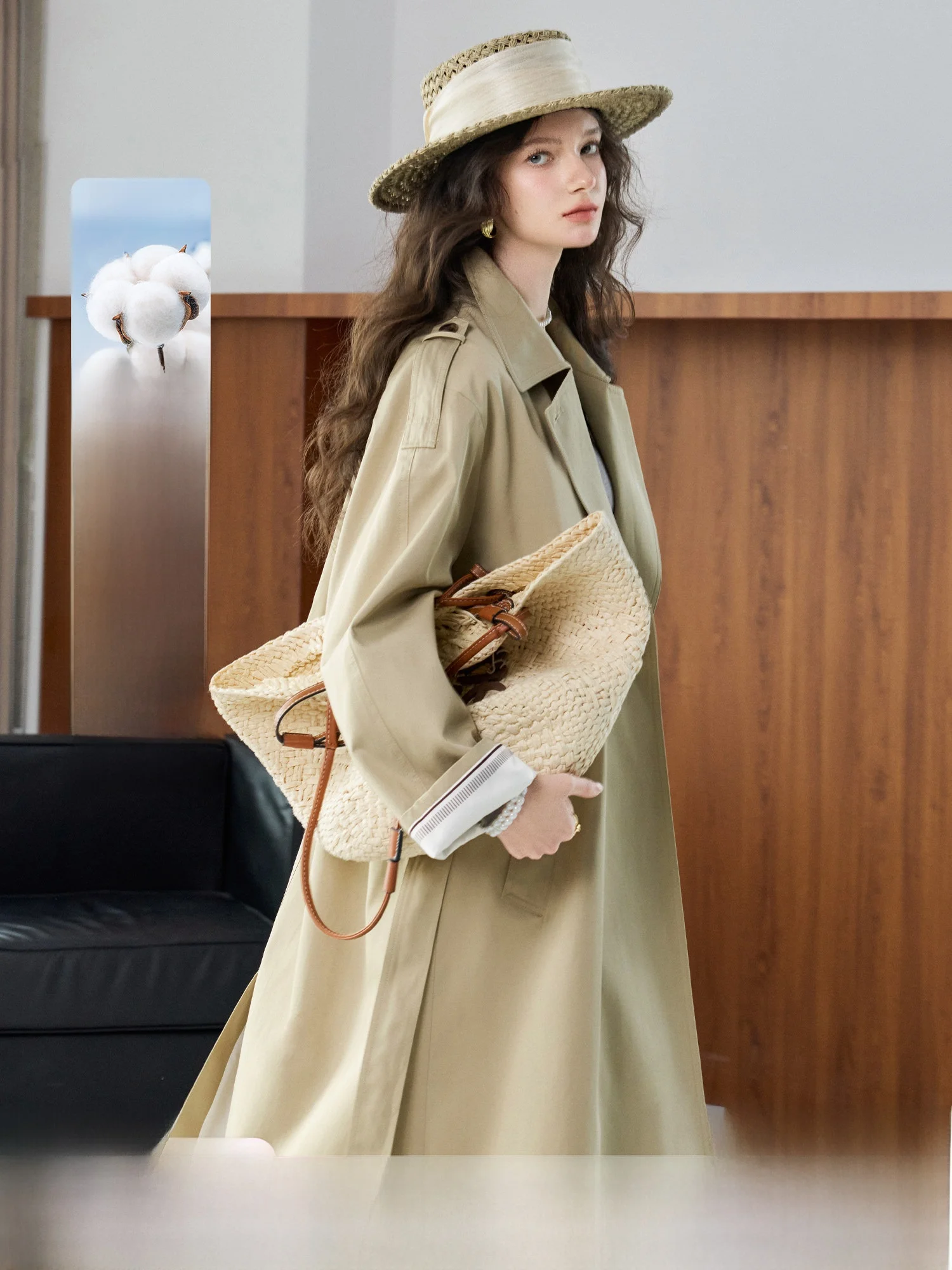 

Classic Collar Long Velvet Cotton Capri Style Women's Coat Medium Length British Style Color Block Outerwear by NAGUAGU