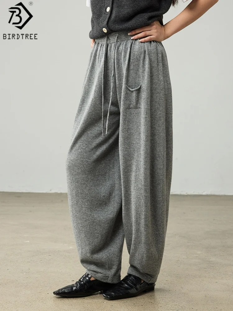 Birdtree 100% Sheep Wool Knitted Drawstring Cocoon Pants,Women Elastic Waist Pocket Trousers, 2025 Autumn Lantern Pants T59732JF