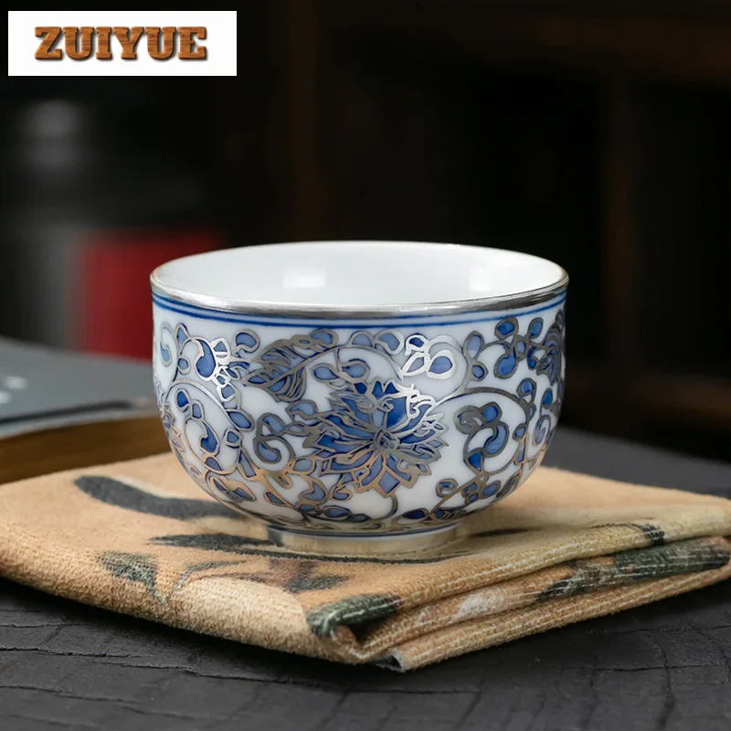 80ml Hand Drawn Entwined Lotus Tea Bowl Blue And White Porcelain Master Cup Gilding Gold Silver Host Teacup Kung Fu Teaset Gifts