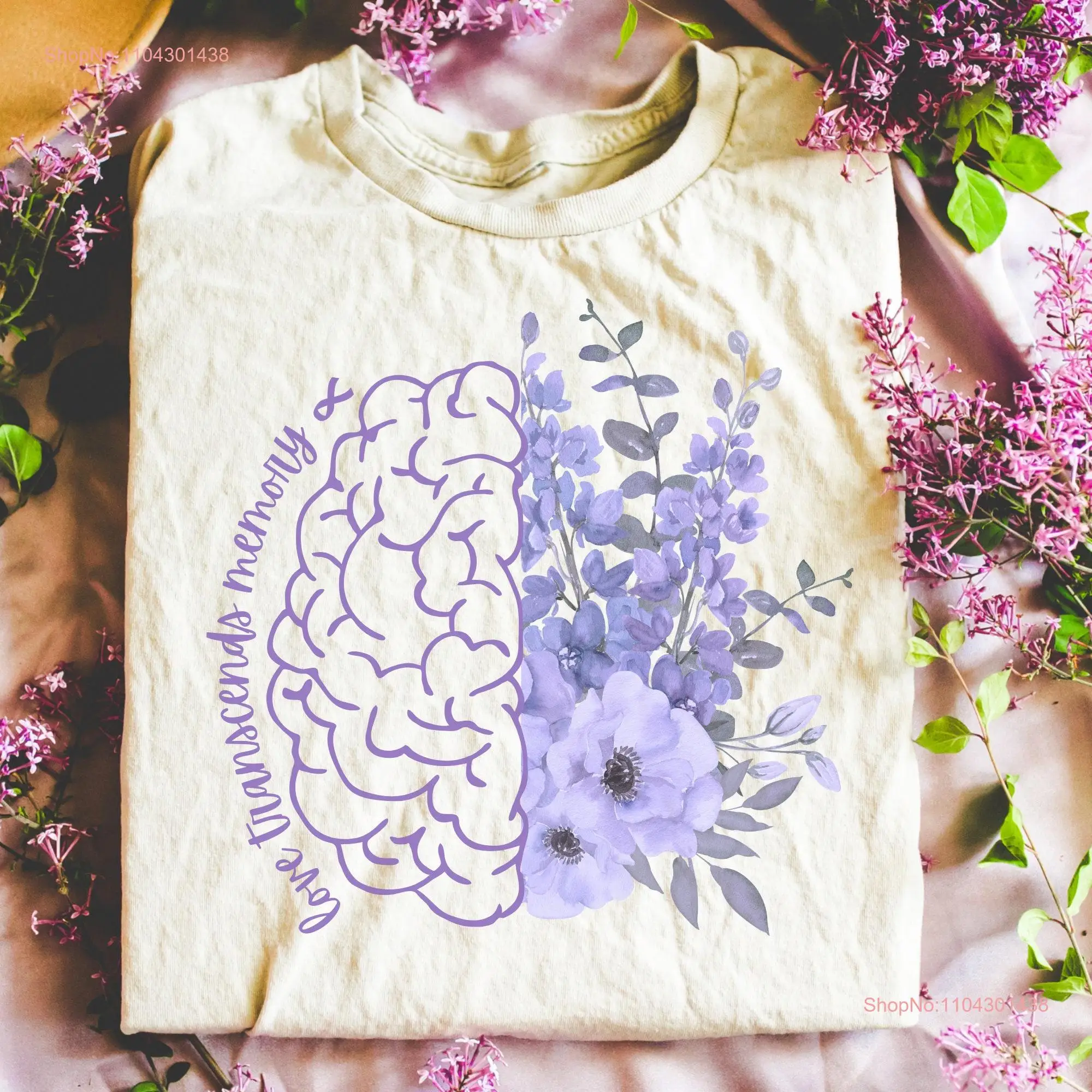 Alzheimers T Shirt Awareness Month Family Group SupporT Brain Purple Flowers Love Transcends Memory long or short sleeves