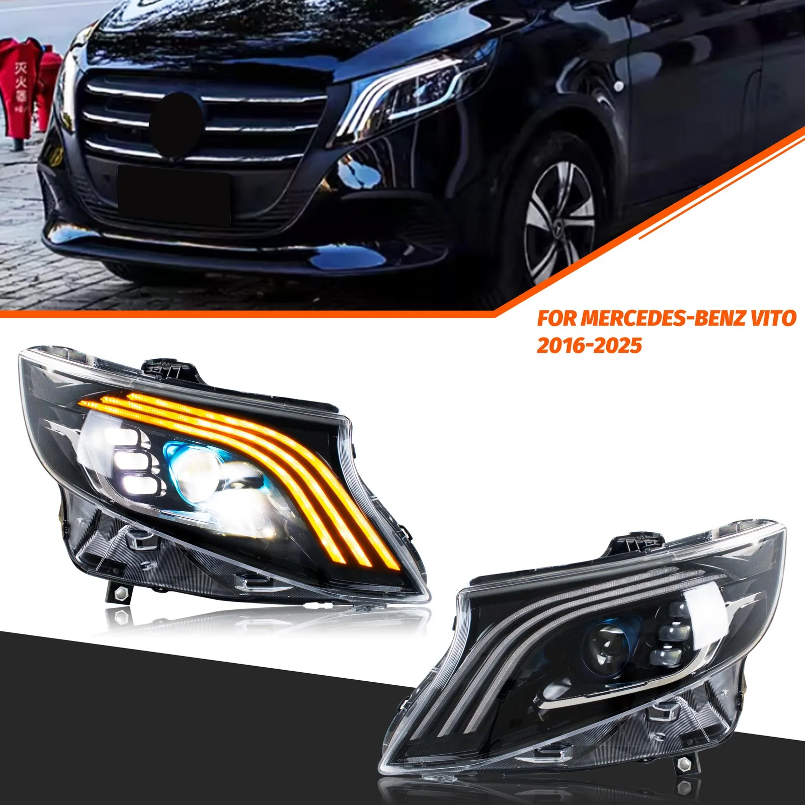 LED Headlights for Mercedes Benz Vito Metris 2016-2023 Start-up Animation Sequential Turn Signal E-Mark Front Lamps Assembly
