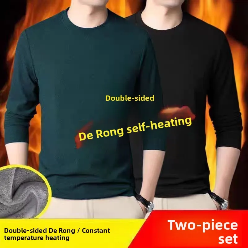 Men's Double-Sided Self-Heating Long Sleeve round Neck T-Shirt Thick Warm Base Layer Shirt Casual Style Thermal Top