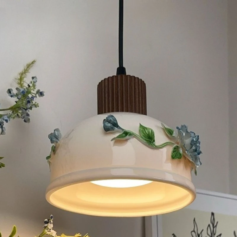 Moden Rotundity Relief Peony Ceramics Ceiling Pendant Light Wooden Hanging Lamp Bedroom Living Room Restaurant Study Chandelier