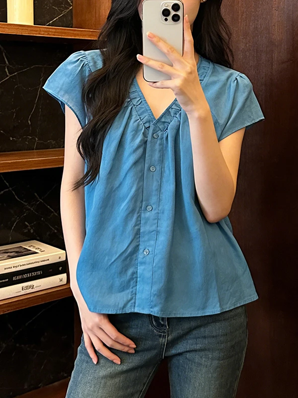 

plus Size Pure Color V-Neck Short Sleeve Shirt Women's Summer New Slimming Design Doll Shirt Korean Style Commute Fashion