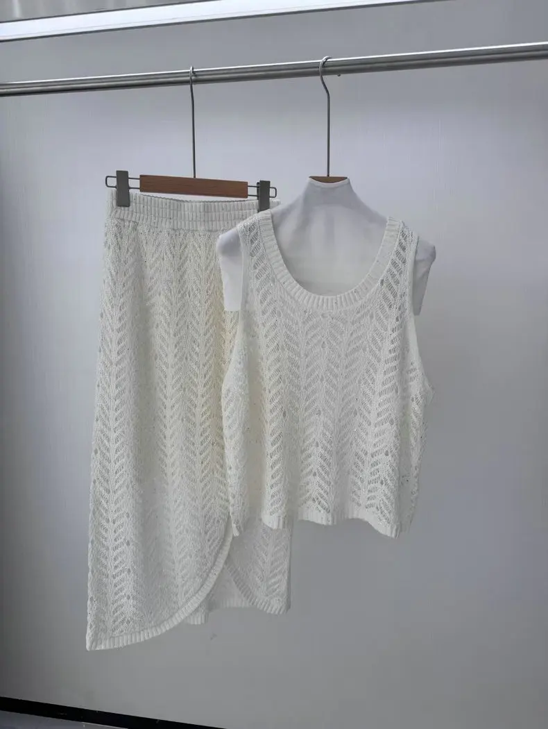 25 بدلة نسائية جديدة من الكتان المجوف تناسب جميع الأعمار مع فستان متوسط الطول مكون من قطعتين