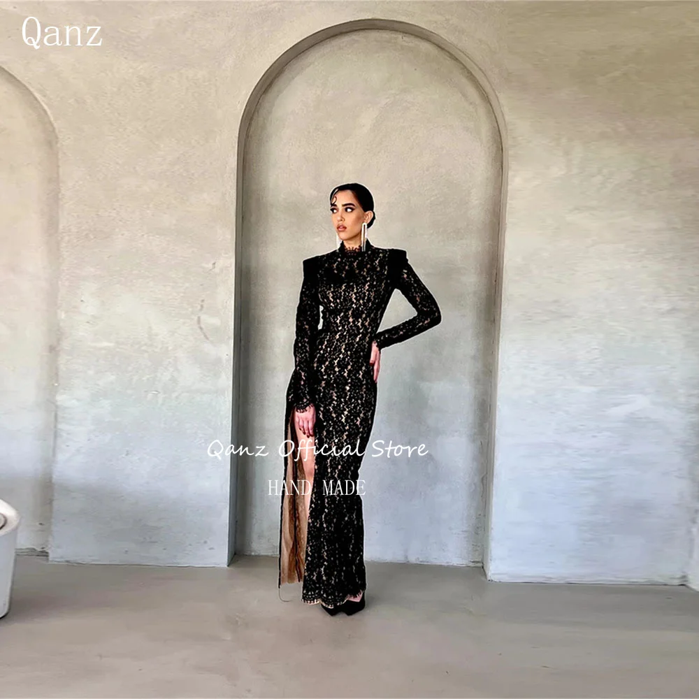 

Qanz Modest Black Lace Evening Dresses Mermaid Slit Flesh Colored Lining Party Dress Long Sleeves Vestido De Gala Customized