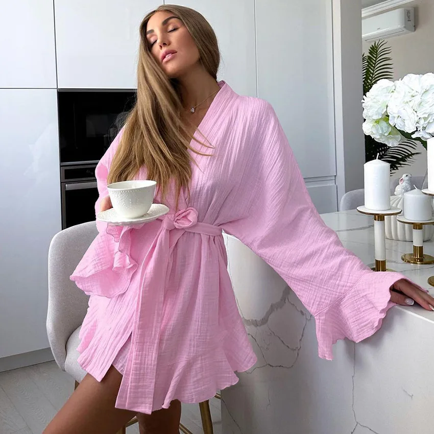 Summer Long Sleeve Pajamas Crepe Cotton Fashion Ruffled Nightgown Shorts Set Loose Loungewear for Women 2 Pcs Sleepwear