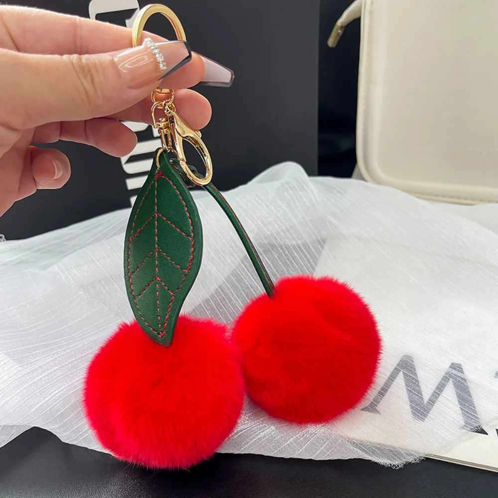 Porte-clés en peluche cerise, lontra, lapin, cheveux, dessin animé Kawaii, mignon, coloré, pendentif de sac pour femmes, sac à dos, clé de voiture