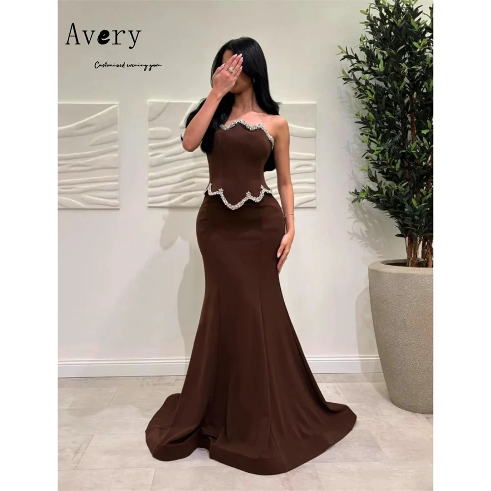 

Avery Custom Brown Rhinestone Fishtail Off-shoulder Luxurious Evening Dresses Luxury 2026 Chic Wedding Evening Dress Women's