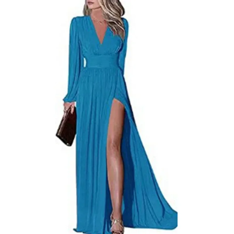 Customized V-neck Long Sleeve Design Feminine Elegant Formal Dresses Slim Waist Split Evening Dress Temperament Pleated V-back P