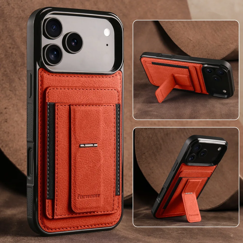 

Solid Color Leather Wallet Card Slots Phone Case for iPhone Air 17e 16e 15 14 Plus 13 12 Pro Max with Back Magnetic Shrink Stand