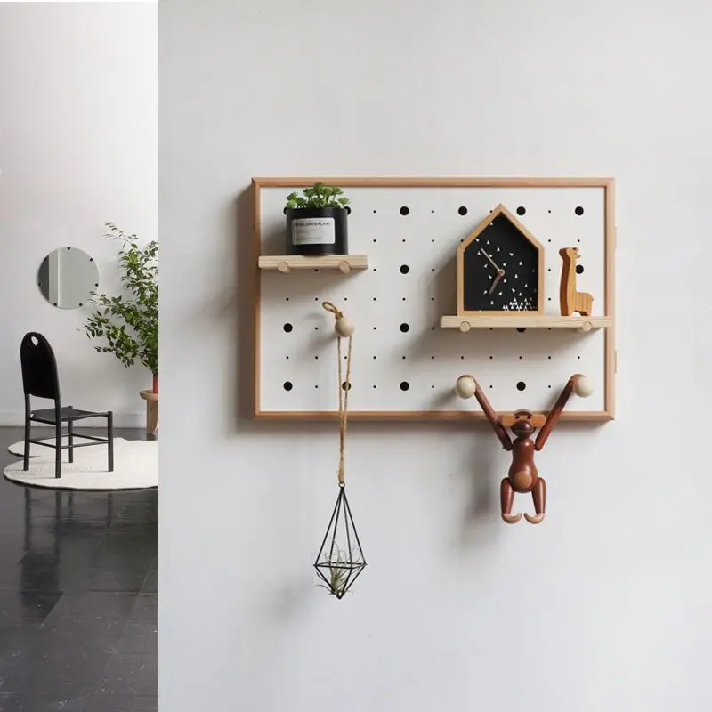 Wooden Pegboard Wall Organizer, Mounted Storage Hole Board With Shelves Hooks For Home Living Room Entryway Office Decor Display