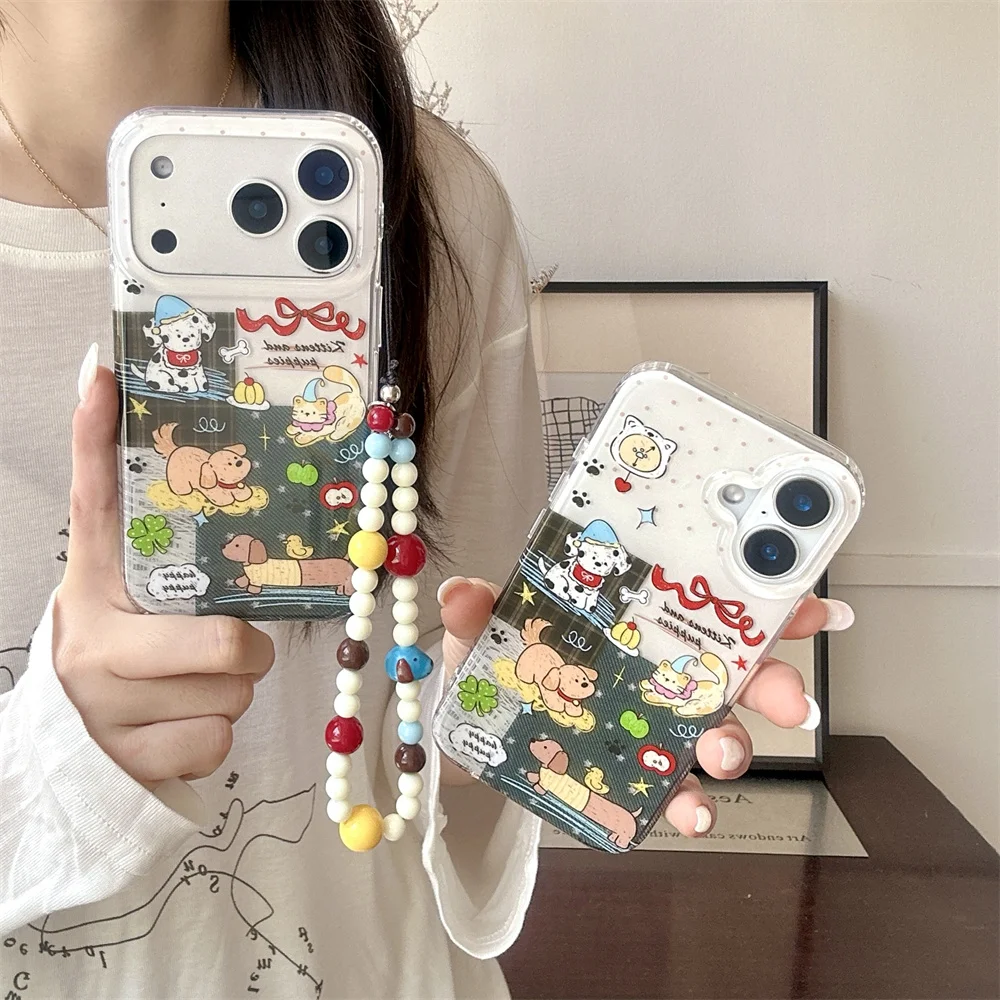 Ins Y2K Cartoon Pet Phone Case For iPhone 15 16 17 Pro Max Cat Pattern With Colorful Bead Chain Trendy Shockproof Phone Cover