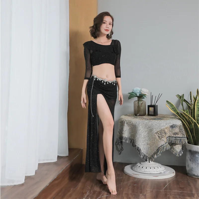 Nieuwe buikdans oefenjurk Jurk voor beginners Lovertjes Mesh Sexy enkele split lange jurk voor dames