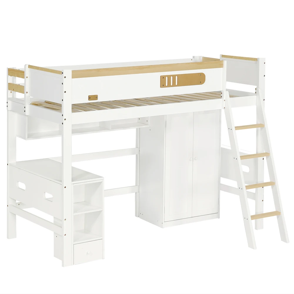 PINGGO Etagenbett für Kinder mit Fallschirmschutzgeländer, Schreibtisch, Kleiderschrank, Stauraum, 4-Stufen-Leiter, Kiefer, MDF, Sperrholz, Weiß, 90x200cm, ohne Matratze – Detail 13