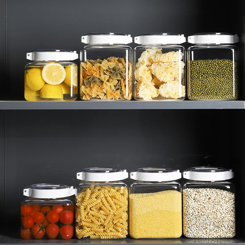 Kitchen Plastic Sealed Jars Transparent Press Type Cereal Cans Storage Box Tea Coffee Beans Pasta Grains Candy Storage Container