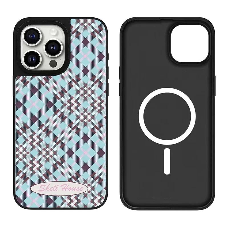 Pink Blue Plaid Black Silver Border Mirror Magnetic Phone Case Cover for IPhone 12 13 14 15 16 Pro Max Case