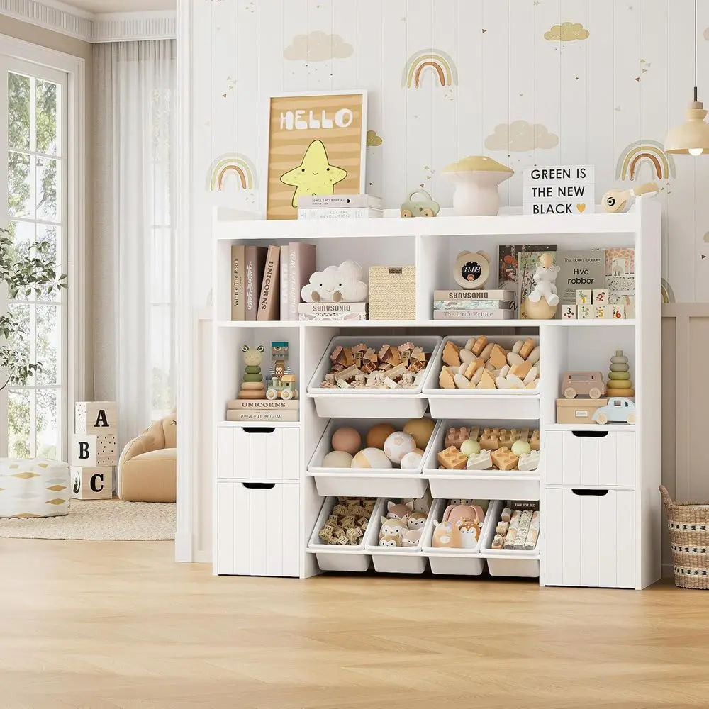 55 منظم تخزين ألعاب أبيض مع أدراج، صندوق ألعاب للأطفال مع صناديق قابلة للإزالة، رف كتب طويل للأولاد والبنات، غرفة لعب حديثة #2