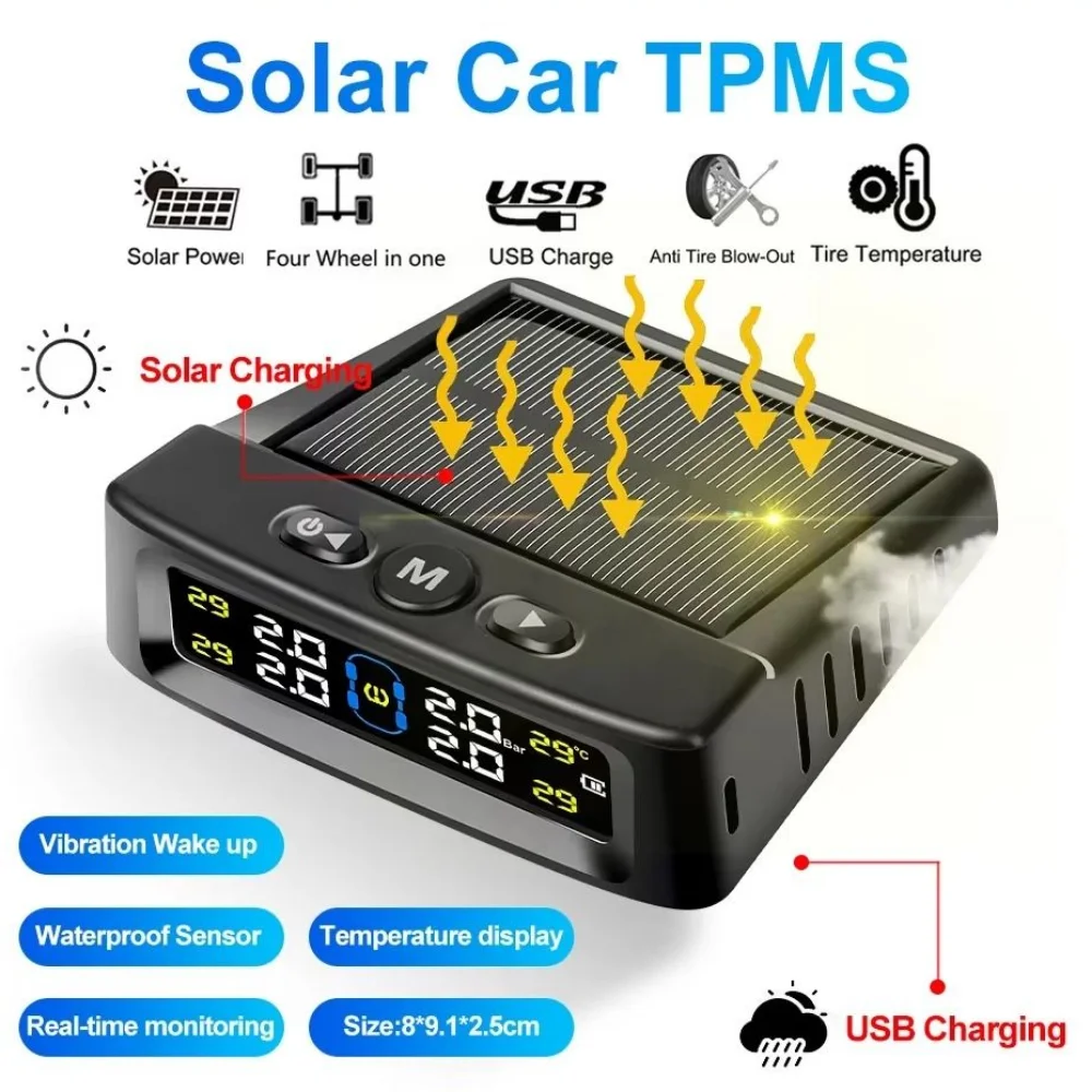 

Car External Tire Pressure Sensors Solar Power TPMS Tire Pressure Monitoring System Tire Alarm Digital Display