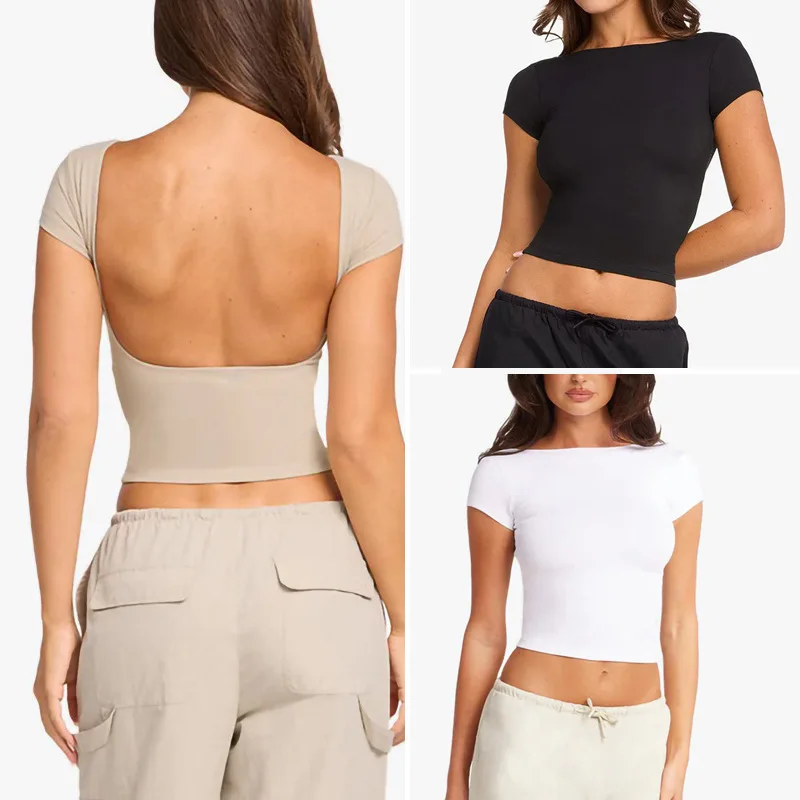 

PMWRUIN Women's Open Back Yoga Shirt Short Sleeve Slim Fit Crop Top Breathable Stretchy Workout Gym Athletic Casual Wear 2505New