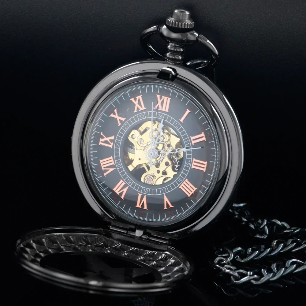 Retro Hand Winding Mechanical นาฬิกาพ็อกเก็ตนาฬิกาผู้ชายโบราณโรมันตัวเลข Dial จี้นาฬิกาโครงกระดูกนาฬิกา Fob นาฬิกาสําหรับชาย