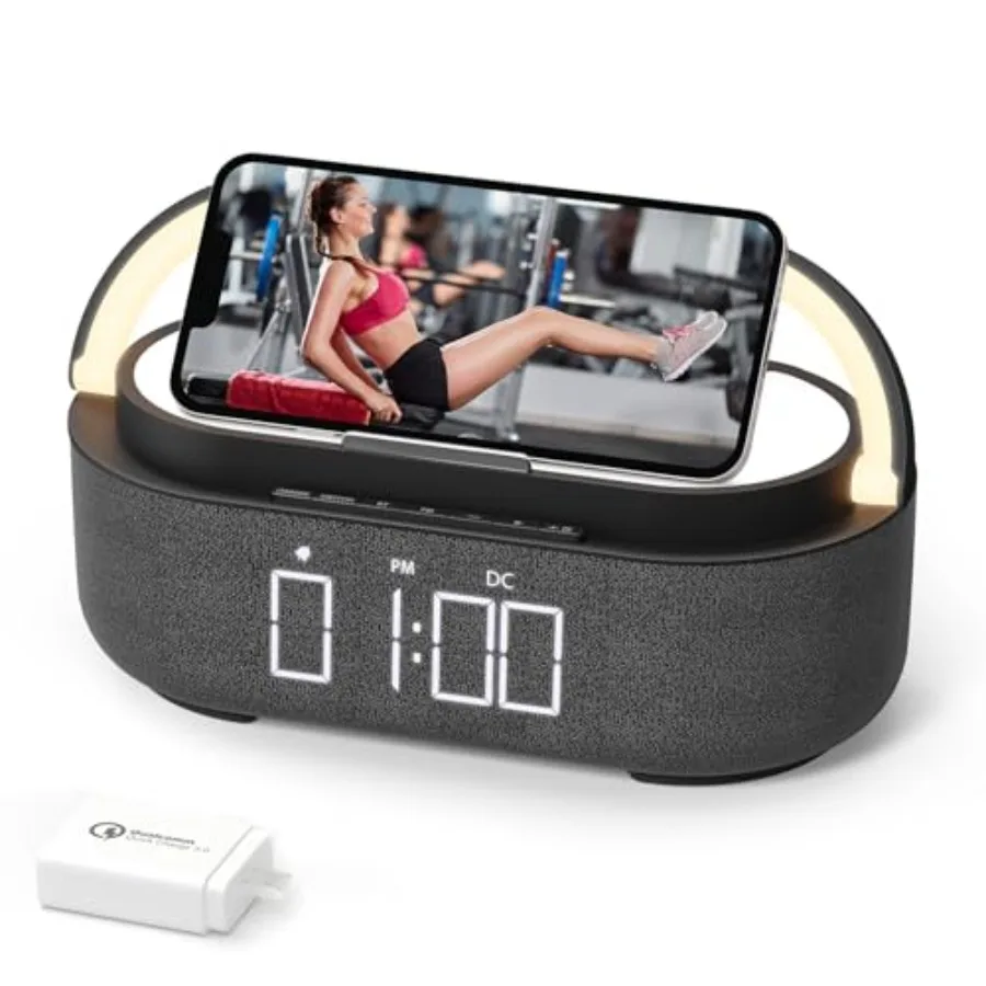 

Bluetooth Speaker with Wireless Charger, FM Radio, Dimmable LED Night Light, Stereo Sound Dual Wireless Speakers, 2500mAh Porta