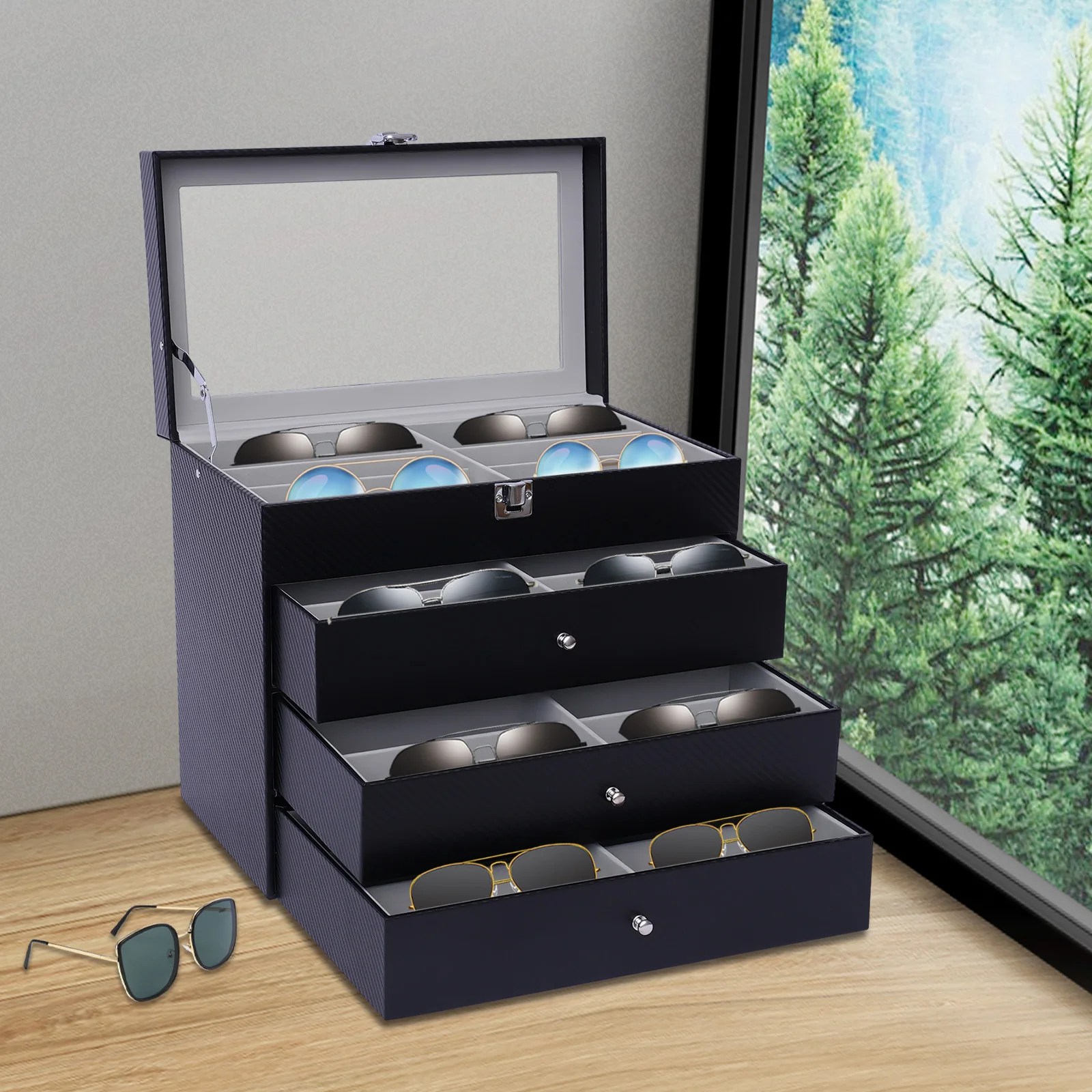

24 Slot 4-Layer PU Leather Glasses Organizer, Lockable Eyeglass Storage Case Box W/ Drawer, for Women and Men
