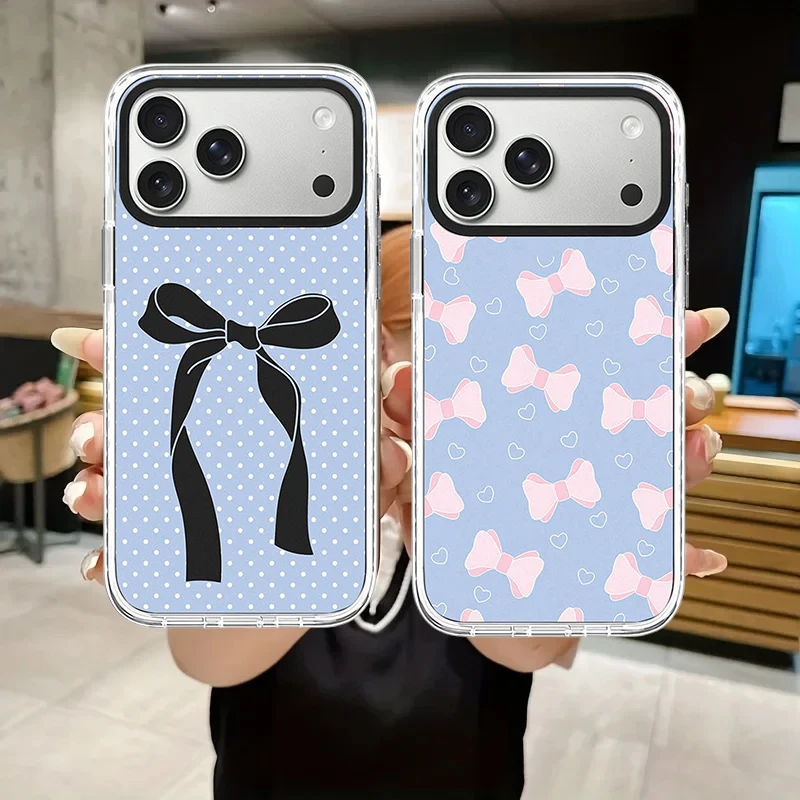 Pink Bowknot Black Ribbon Love White Border Magnetic Phone Case Cover for IPhone 14 15 16 17 18 Pro Max Case