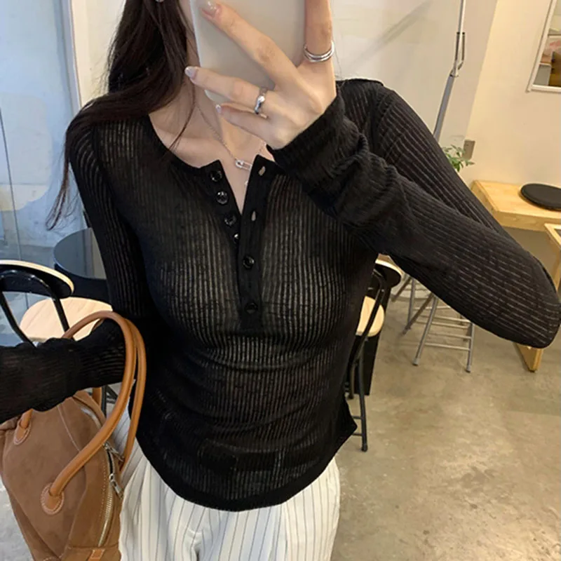 Thin T Shirt For Women Summer Basic Korean Style Tops Mujer Long Sleeve Button O Neck Tshirts Sexy Slim See-throug Tees Female