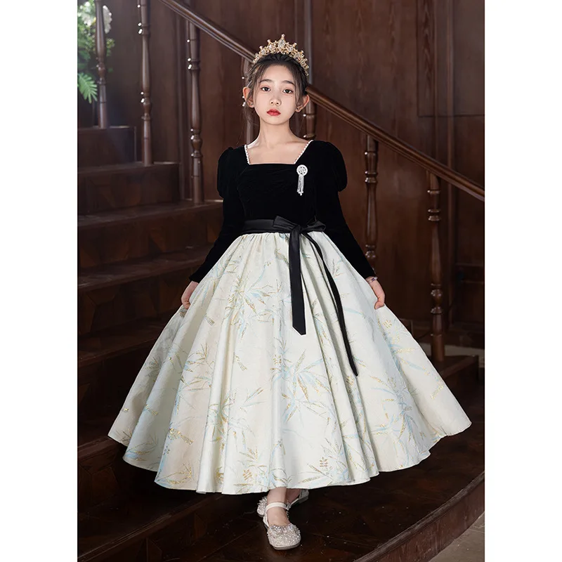 Girls Evening Dress Light Luxury Minority High-End Children's Host High-Grade Piano Playing Princess Dress Long Sleeve Older Chi