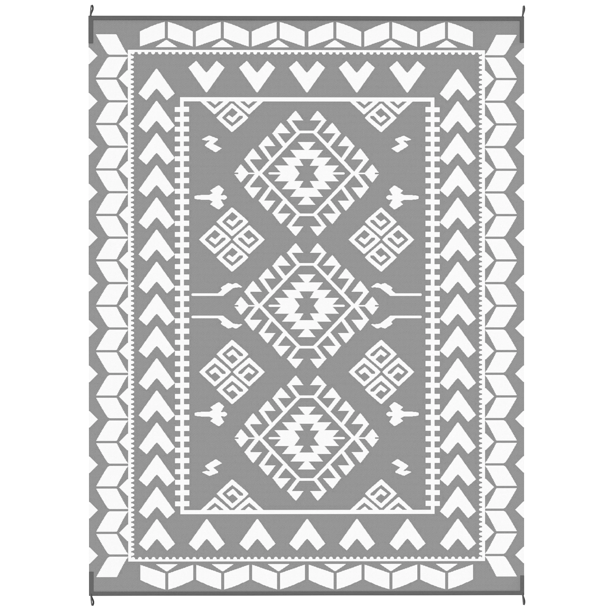 Reversible Outdoor Rug, Waterproof Plastic Straw with Carry Bag, 9' x 12', Gray & White Rhombus Patchwork
