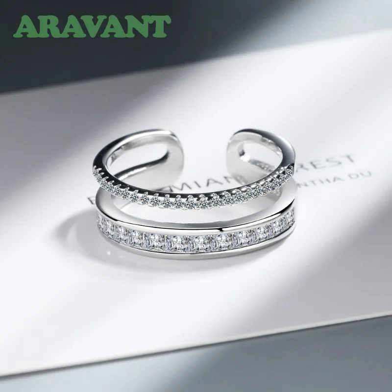 ARAVANT 925 Silver Double Layer Pave Zircon Open Ring For Women Fashion Jewelry