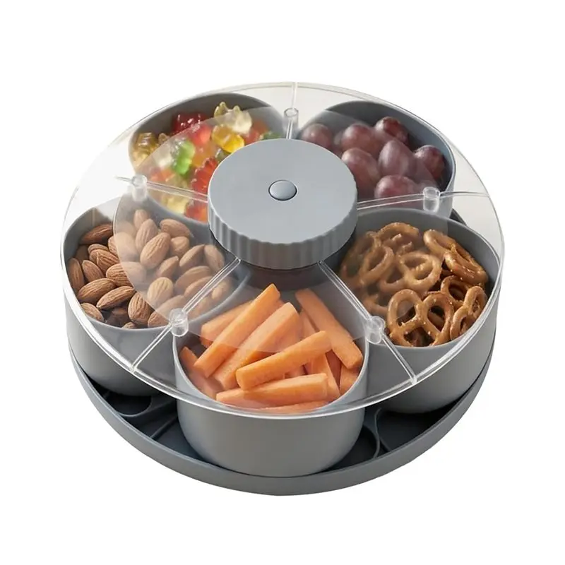 AT05-Rotating Multi-Compartment Spins& Snacks Serving Tray Divided Portable Travel Food Organizer With Lid For Chips Fruits