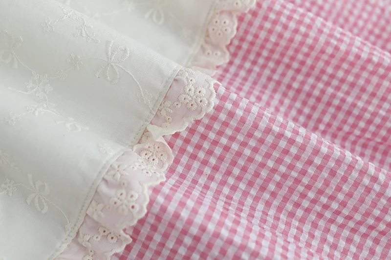 Japanese Sweet Mori Girl Vintage Plaid Embroidery Patchwork Skirts Women Summer Elastic Waist Casual Loose A-Line Midi Skirts