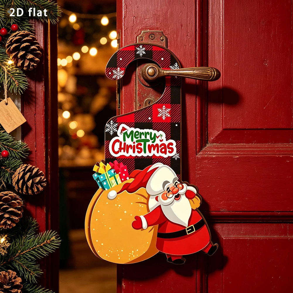 Wooden Christmas Santa Door Hanger Sign, 2D Flat Buffalo Plaid Merry Christmas Plaque, Xmas Door Handle Decor Ornament
