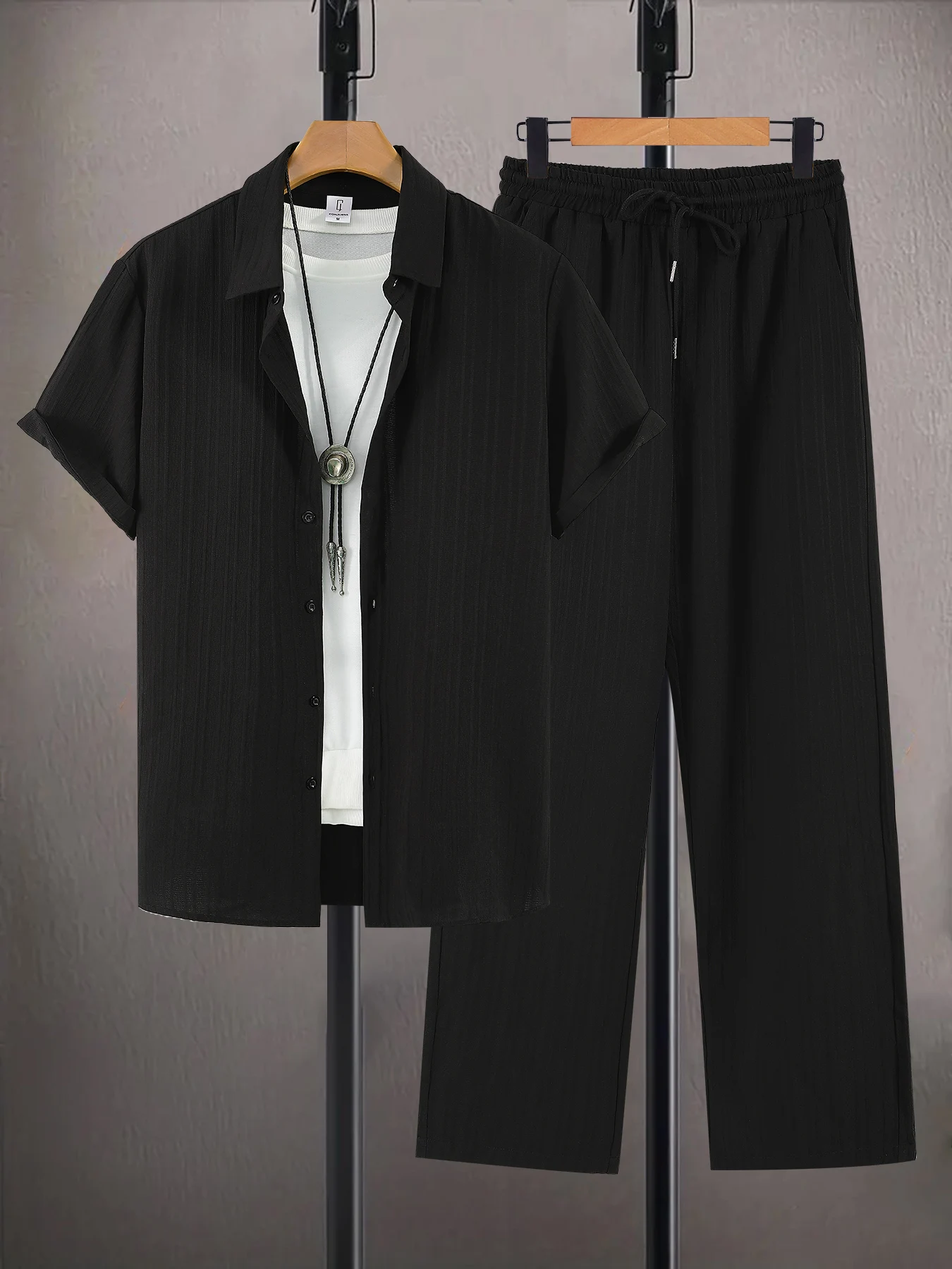 Men's French Stripe Wrinkle-Resistant Ice Silk Set Summer Textured Shirt & Pants Outfit