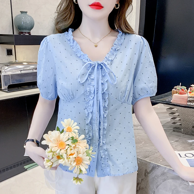 

French Sweet Ruffle Hem Blouse for Women Summer New Design Unique Hook Polka Dot Print Short Sleeve Top