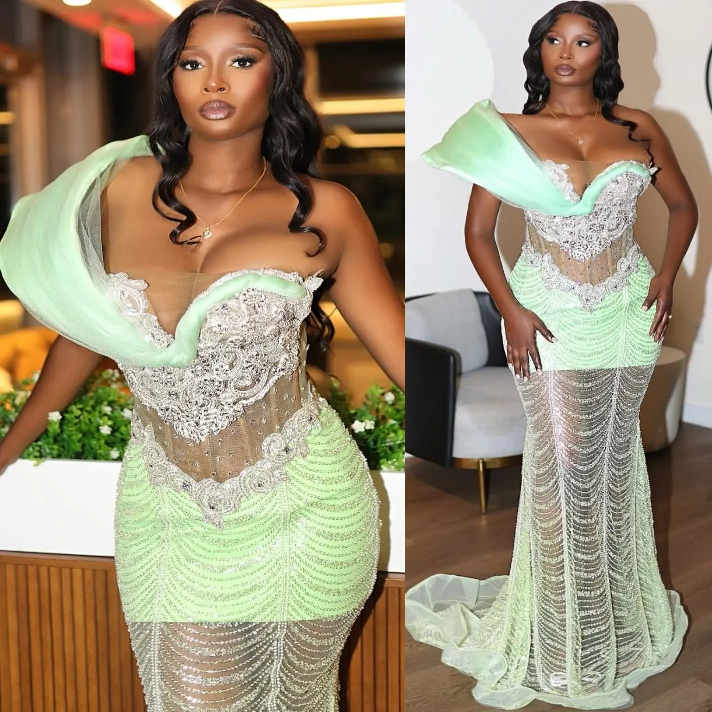 

Luxury Mint Green Beaded Mermaid Lace Crystal Ball Dress 2026 One Shoulder Transparent Mesh Lace Decal Evening Dress Customized