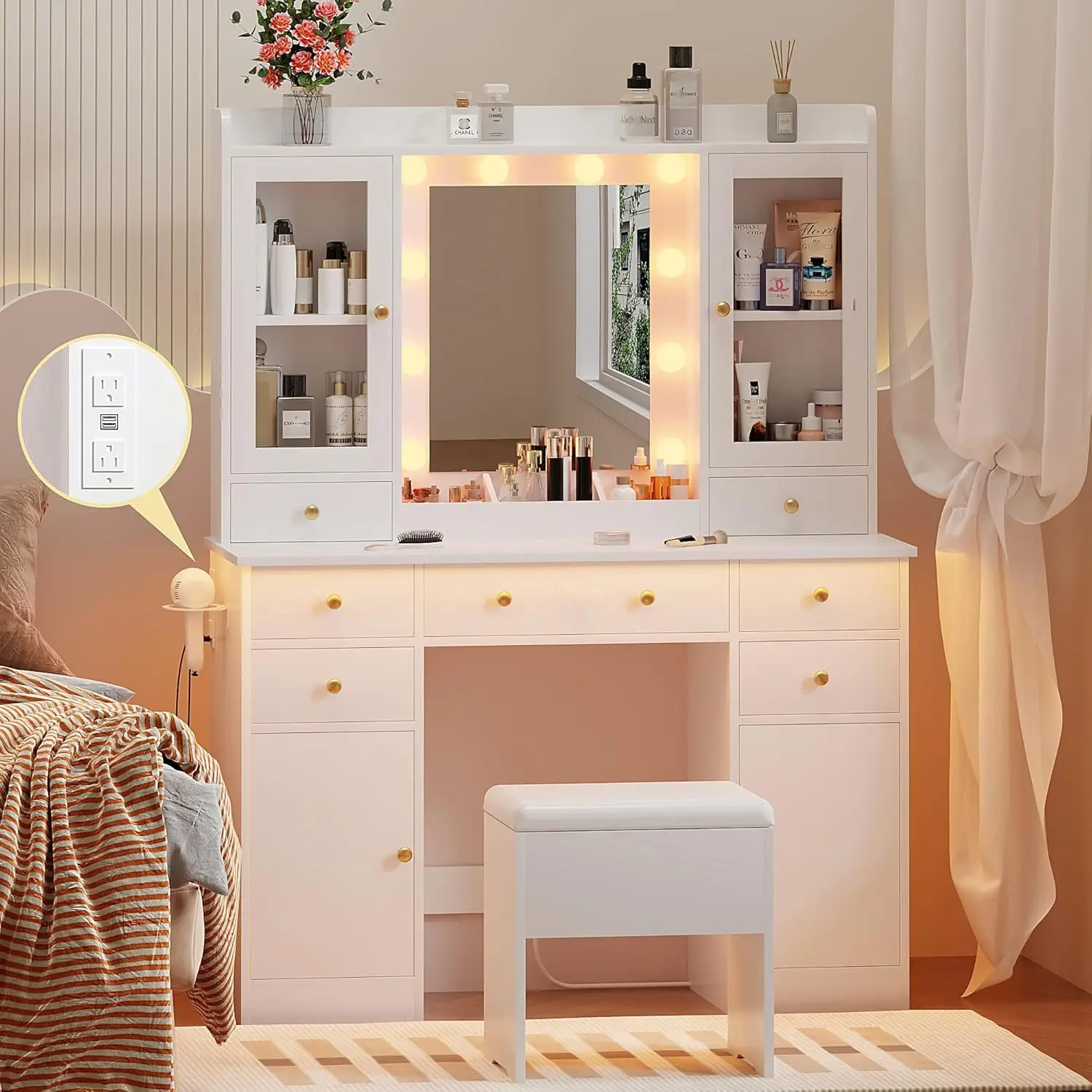 White Vanity Desk with Mirror & Lights, Adjustable 3-Color Mode, Includes Chair & Charging Station for Women's Bedroom