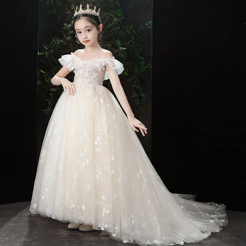 

Girls' Evening Dress Princess Gown Children's Fashion Show Wedding Dress Puffy Tulle Tail Elegant Flower Girl Piano Performance