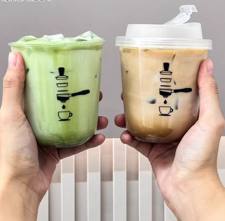 12온스 14온스 16온스 일회용 스무디 PET 눈꽃빙수 컵 투명 플라스틱 U자형 버블 보바 밀크티 컵 뚜껑 포함