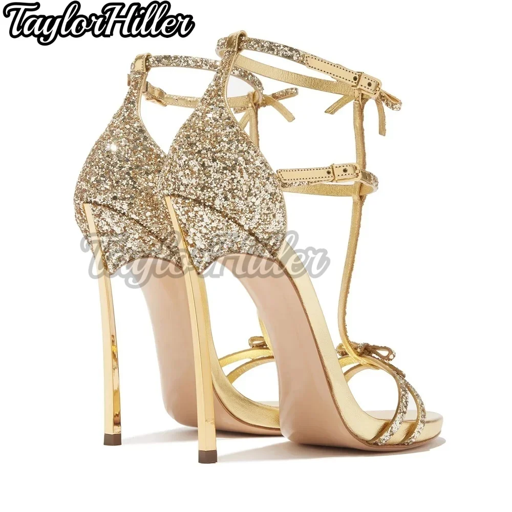 Золотые босоножки на каблуке с узлом-бабочкой и Т-образным ремешком, блестящие туфли, неглубокие серебряные сандалии De Mujer, лето-осень, новинка Zapatos