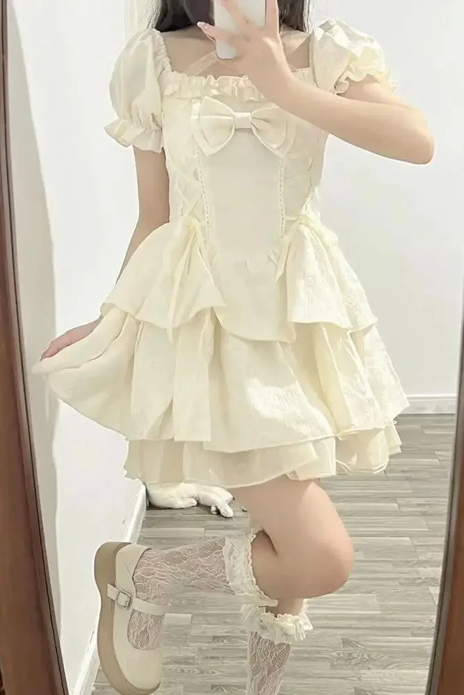 

Женское милое летнее платье, кружевное милое ТРАПЕЦИЕВИДНОЕ ПЛАТЬЕ С бантом в японском стиле, Женская бандажная туника, модные мини-платья, 2023