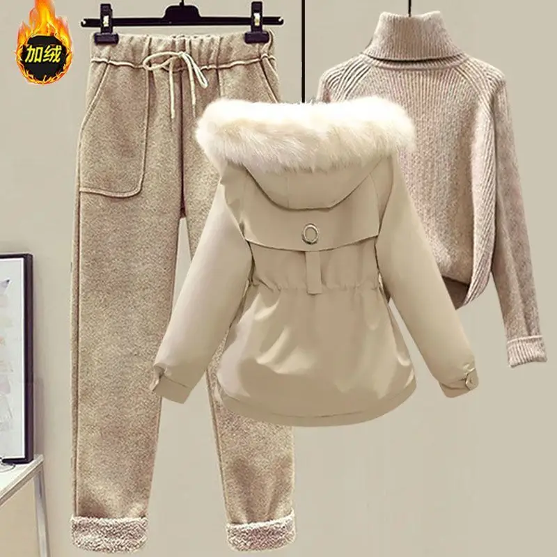 Women Winter Thicken Outwear Tracketsuit Parkat Jacket Coat+Turtleneck Sweater And Wool Pant Three Pieces Set Female Snow Suit