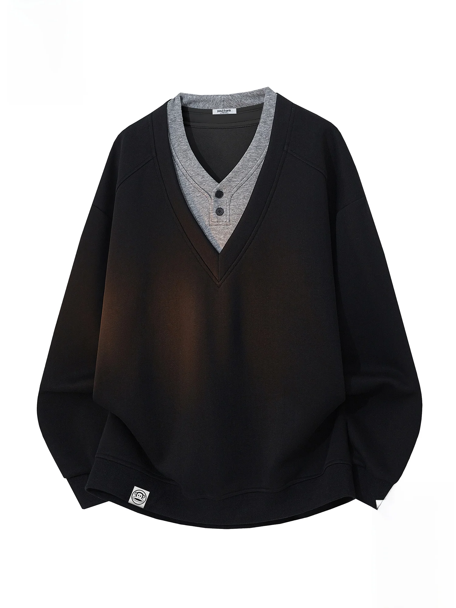 

Свободный крой, длинный рукав, V-образный вырез, мужской повседневный свитшот с лоскутным дизайном, удобный зимний топ из смесового хлопка