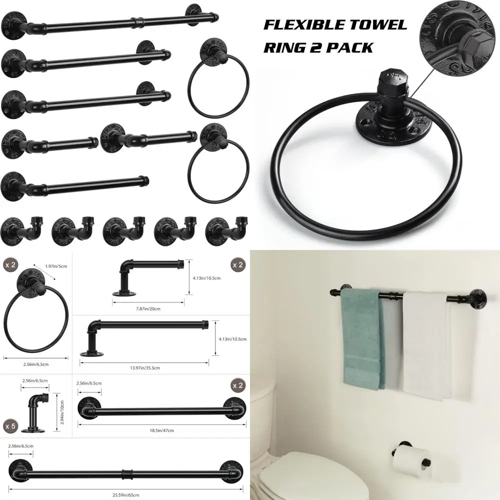 

Industrial Style Black Bathroom Towel Bar Set with 13 Pieces, Rustic Pipe Wall Mounted Hardware for Hand Towel Racks and Toilet