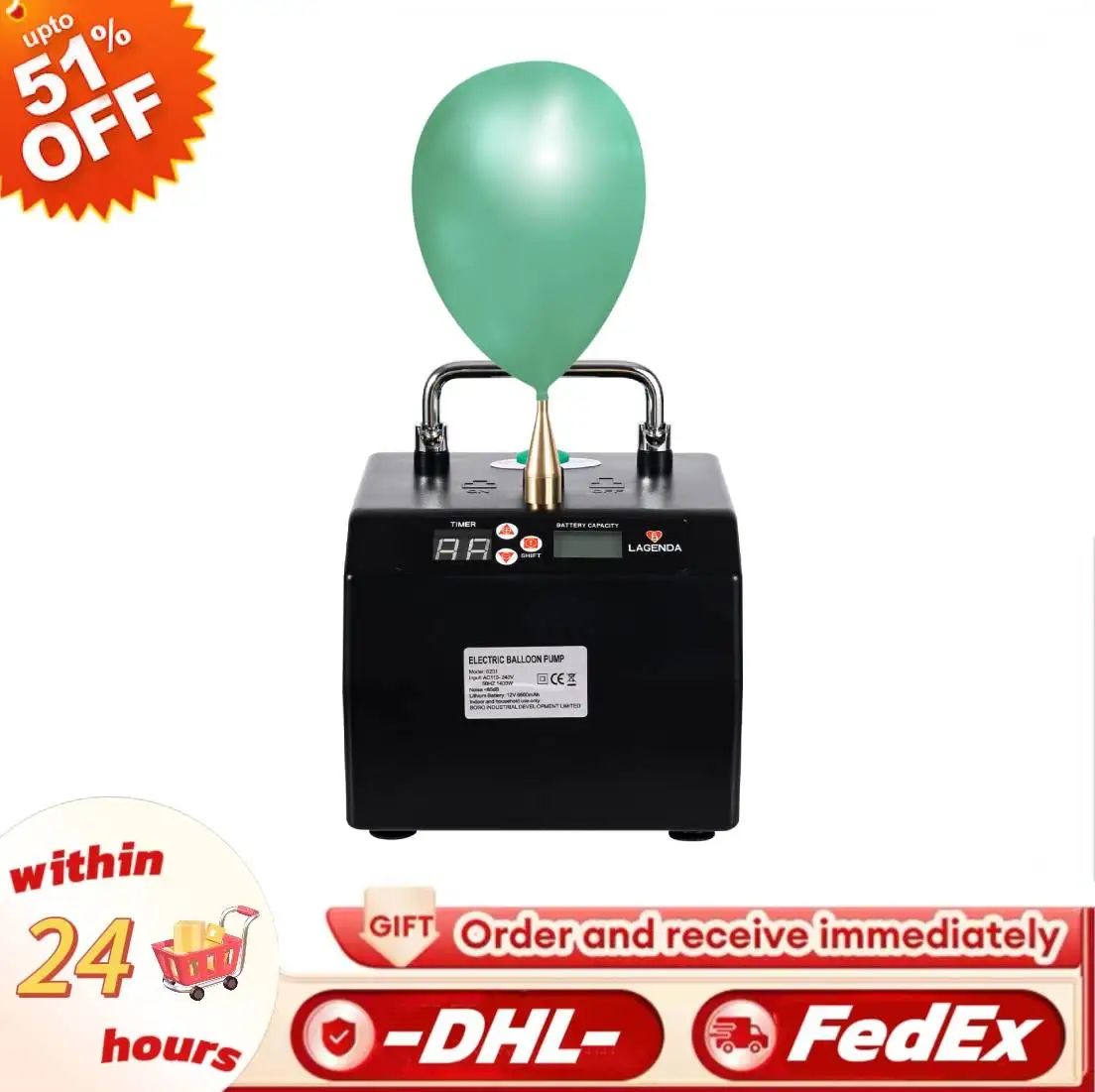 Pompe à ballon électrique Portable B231, 120W, gonfleur de ballon rectangulaire, DC 13.8V, souffleur d'air de fête, bruit de Machine électrique <85dB