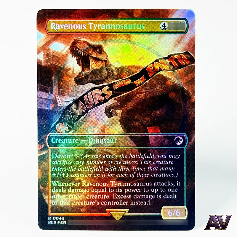 

Ravenous Tyrannosaurus Borderless Emblem REX Set TCG Magical Proxy Cards Game Quality Gathering Playing Trading Cards