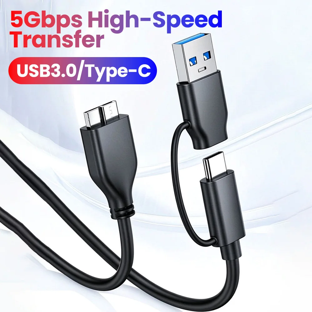 2-in-1 Type-C to Micro USB 3.0 Cable for Mobile Hard Disk Data Transfer Laptop USB Connection Transmission